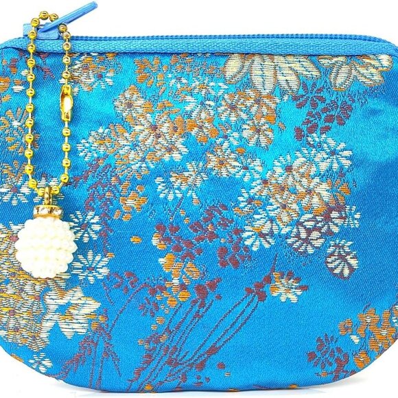 Accessories - Handmade Women Coin Purse Brocade Zipper Wallet Silk Makeup Bag - SKYBLUE